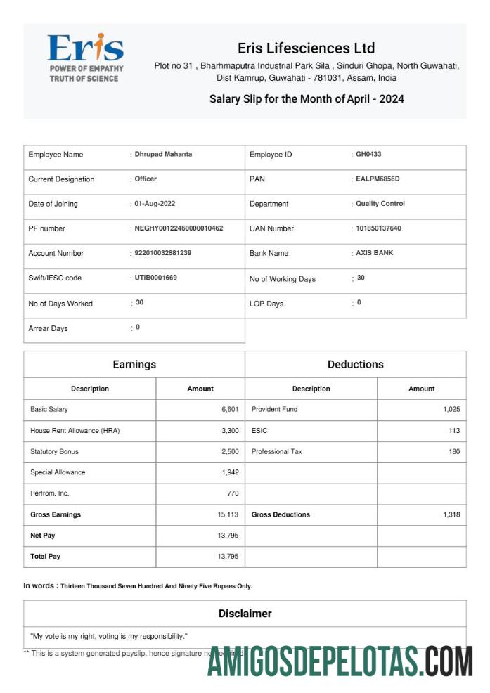 Realista Modelo de comprovante de salário da Eris Lifesciences em formatos Word e PDF.pdf, 1